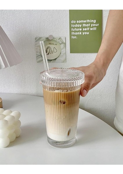 Cam Kapaklı Pipetli Sunum Bardağı, 400 Ml, Isıya Dayanıklı, Beyaz