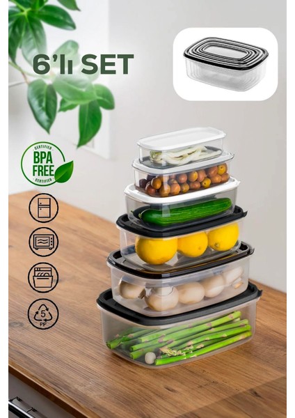6'lı Derin Dondurucu ve Mikrodalga Saklama Kabı Seti, Çok Amaçlı, Siyah