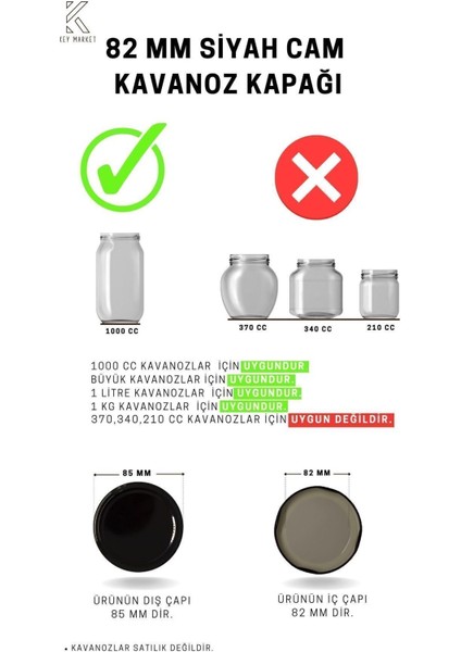 82 mm Siyah Twist-Off Kapağı, 20'li Paket, Standart Cam Kavanozlar Için Uygun