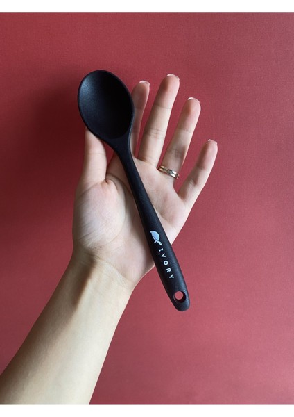 Siyah 20 cm Isıya Dayanıklı Yapışmaz Silikon Kısa Derin Kaşık