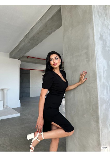 Kadın Kruvaze Yaka Yandan Yırtmaç Detaylı Scuba Krep Kumaş Midi Boy Elbise