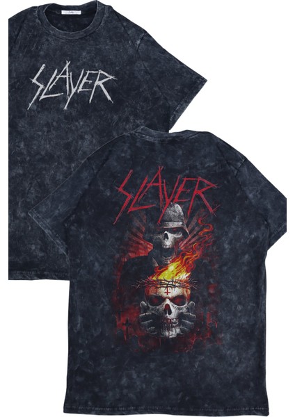 Unisex Slayer Sırt Baskılı Yıkamalı T-Shirt, Oversize Rock Band Temalı Vintage Tişört
