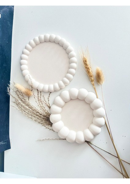 Beyaz 2'li Dekoratif Beton Tabak ve Bardak Altlığı Seti