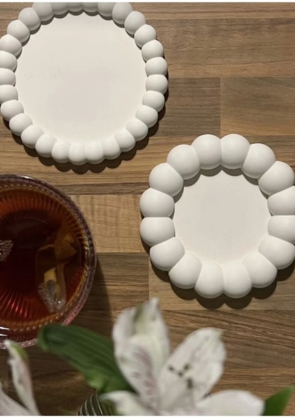 Beyaz 2'li Dekoratif Beton Tabak ve Bardak Altlığı Seti modelleri
