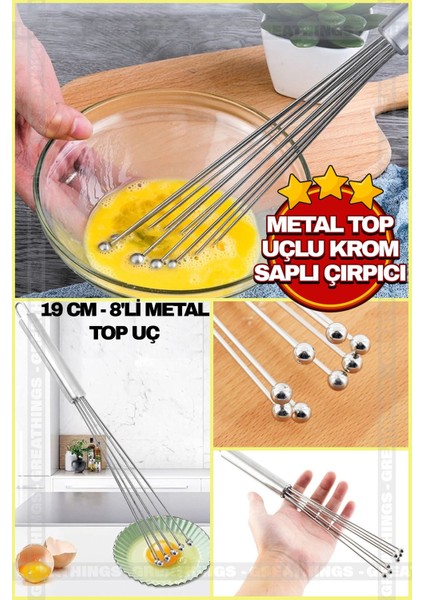 8'li Metal Uçlu Krom Saplı Kek ve Yumurta Çırpıcı Seti