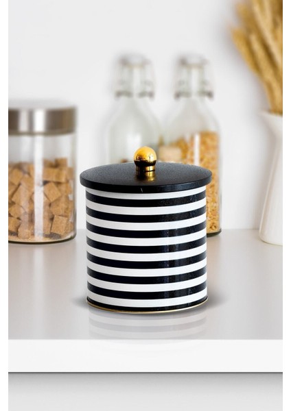 Şık Siyah Desenli Metal Saklama Kabı 14 Cm, Dayanıklı ve Kullanışlı Mutfak Gereci