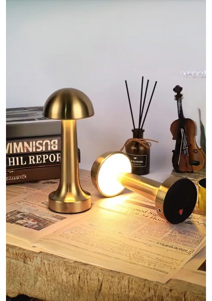 Şarjlı, Dokunmatik, Şık Dekoratif Mantar Masa Lambası, Metalik Tasarım