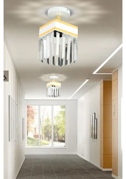 Beyaz Kristal Taşlı Kare Tekli Plafonyer, Sarı Şeritli Şık ve Modern Aydınlatma