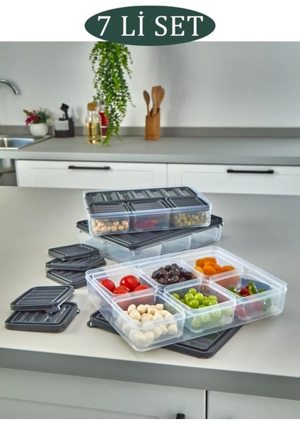 7 Parça Gri Sızdırmaz Saklama ve Buzluk Kapları Vakumlu Kapaklı Set