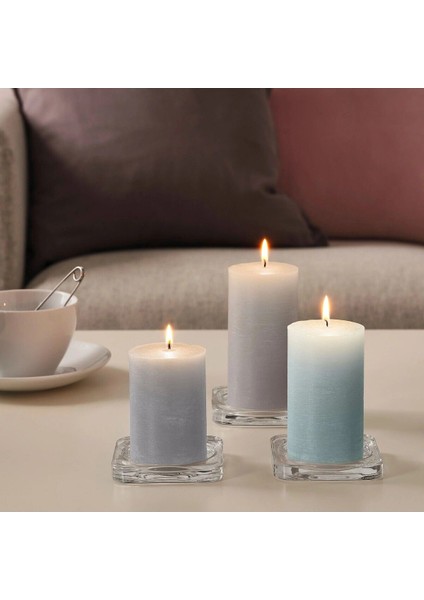 Turuncu 3'lü Blok Mum Tabağı Seti, Şeffaf Cam Altlık, 10X10X1,5 cm
