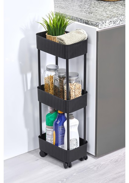 3 Katlı Tekerlekli Banyo-Mutfak Düzenleyici Pratik Raf Siyah