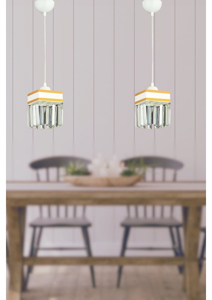 Şık Kare Sarkıt Kristal Taşlı Sarı Şeritli Lüks Avize