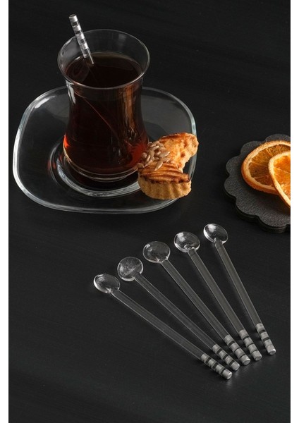 6'lı Lüx Gri Detaylı Cam Çay Kaşığı Seti, Şık ve Kullanışlı Tasarım