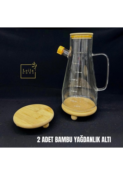 Iki Adet Bambu Misket Ayaklı Yuvarlak Yağdanlık ve Bardak Altlığı Seti
