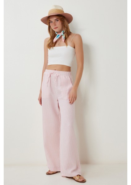 Çizgili Cepli Müslin Pantolon LYY0110 Pembe Kemik fiyatları