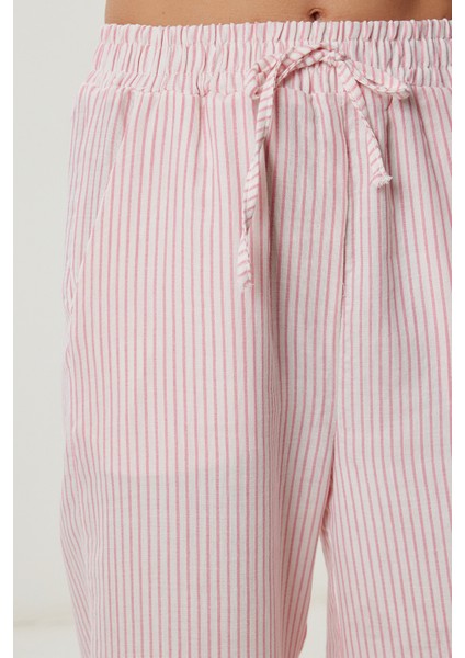 Çizgili Cepli Müslin Pantolon LYY0110 Pembe Kemik modelleri