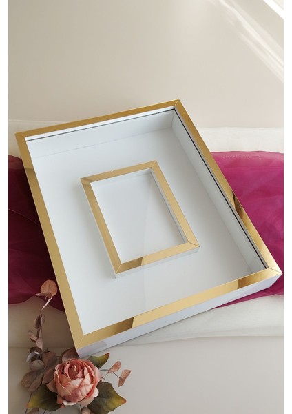 40X50 cm Beyaz-Altın Renkli Gül Temalı Fotoğraf Çerçevesi, Bölmeli, Ledsiz, Şık Tasarım