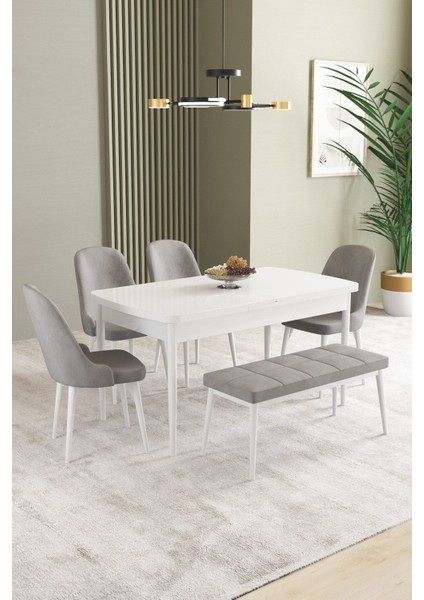 Ikon Beyaz 80X132 Açılabilir Mdf Masa Yemek Odası Takımı, Mutfak Takımı 4 Sandalye, 1 Bench