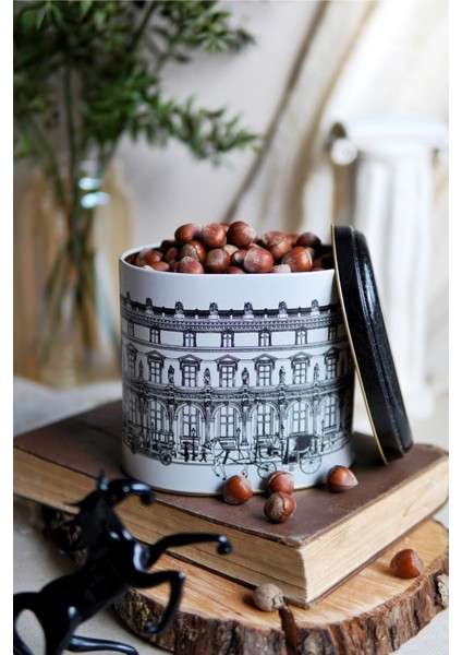 Şehir Desenli Oval Metal Saklama Kabı 11X15 Cm, Beyaz Renk