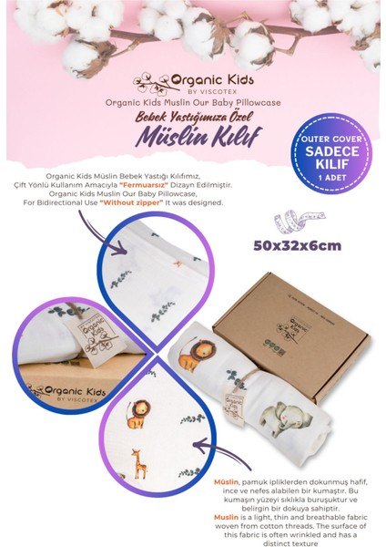 Organik Pamuk Bebek Yastık Kılıfı, Aslan Desenli, Çift Katlı, 50X32X6 cm fiyatları