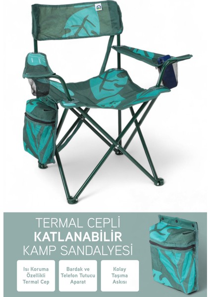 Qufi Termal Cepli Katlanır Telefon Tutma Aparatlı Kamp Piknik Sandalyesi Rejisör Koltuğu - Yeşil
