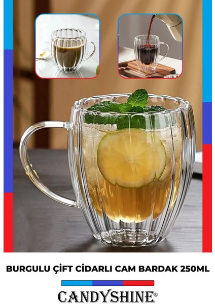 Kahverengi 250ML Çift Cidarlı Kulplu Şık Cam Bardak