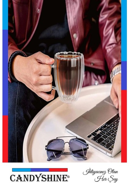 Kahverengi 250ML Çift Cidarlı Kulplu Şık Cam Bardak modelleri