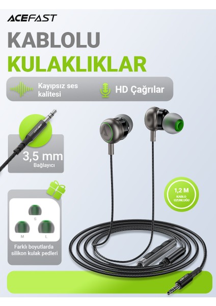3.5mm Kablolu HD Mikrofonlu Kulaklık Uzaktan Kumandalı Aux Girişli Kulaklık 1.2 Metre - Siyah - L4 (Acefast Türkiye Garantili)