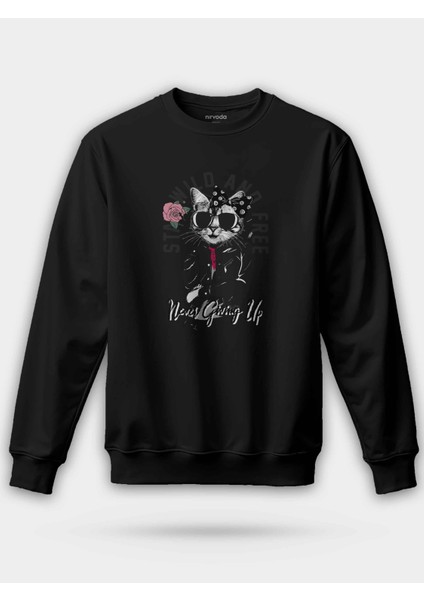 Ceketli Tarz Kedi Baskılı Unisex Regular Sweatshirt