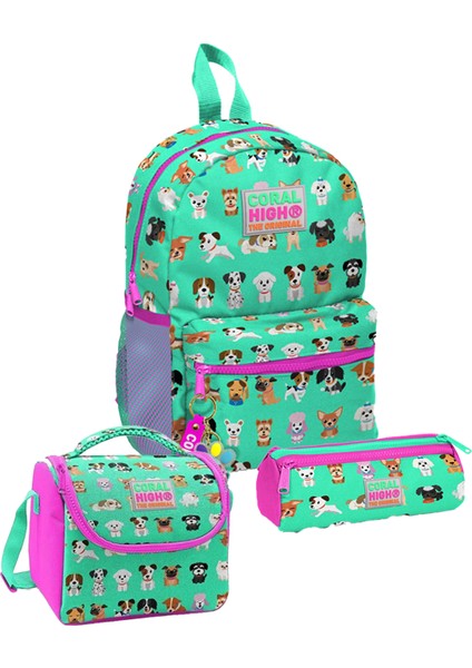 Kids Su Yeşili Neon Pembe Köpek Desenli 3lü Okul Çanta Seti