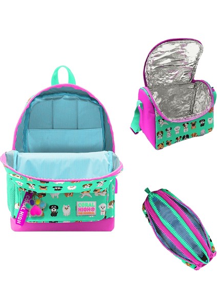 Kids Su Yeşili Neon Pembe Köpek Desenli 3lü Okul Çanta Seti fiyatları