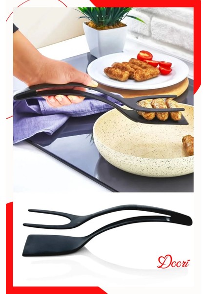 Yüksek Isıya Dayanıklı, Yapışmaz, Çizilmez, Siyah Spatula ve Maşası Seti