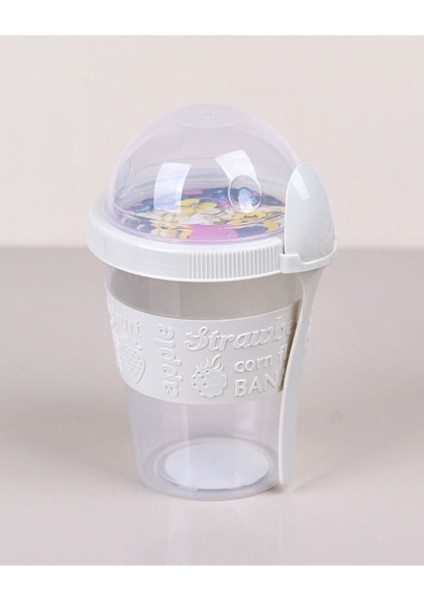 Portatif 600 ml Yoğurt Kabı, Meyve Hazneli, Kaşıklı, Fildişi Renkli
