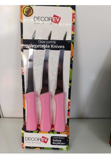 3'lü Paslanmaz Çelik Sebze Bıçağı Seti, Lazer Kesim, Dekoratif, Pembe Renk