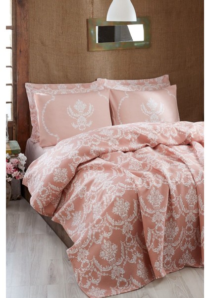 Doğal Tek Kişilik Pike Takımı, Baskılı ve Yumuşak Pudra Tonlarında Rahat Uyku