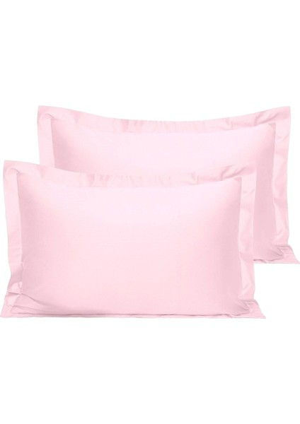 Açık Pembe 50X70 Çift Yastık Kılıfı, %100 Pamuk, Volanlı, Süs Dikişli