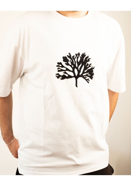 Hayat Ağacı Desenli Oversize Taş Baskı Tişört – %100 Ege Pamuğu