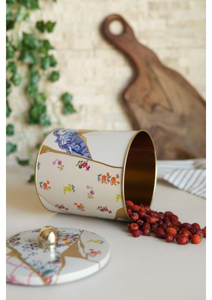 Yeşil Sugi Desenli Yuvarlak Metal Saklama Kabı, 2.1 L, 14X15 cm