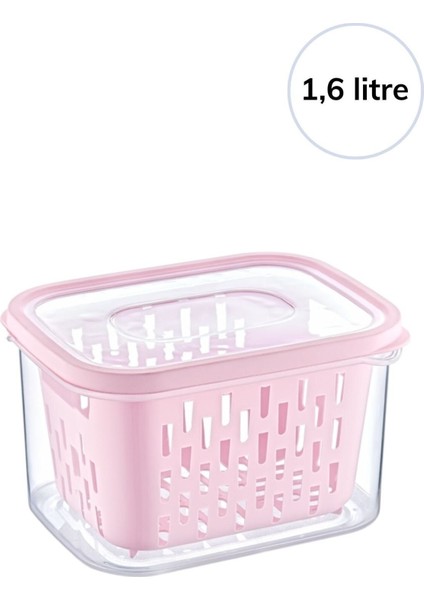 Şeffaf 1.6 Lt Süzgeçli Saklama Kabı, Pembe, Dayanıklı Plastik Kutu