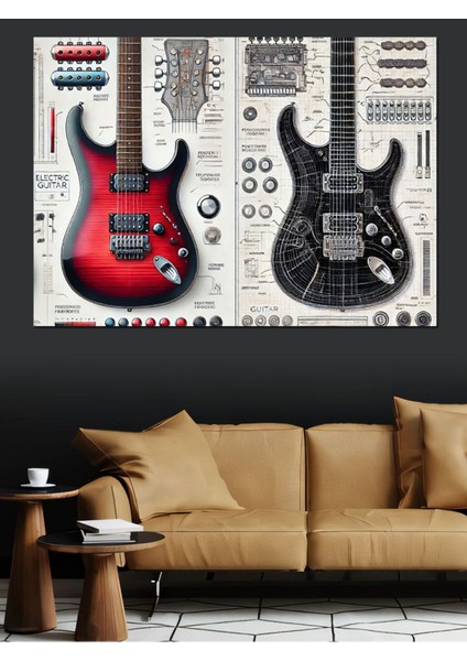 Renkli Müzik ve Gitar Temalı Dekoratif Kanvas Tablo, Ahşap ve Mdf.