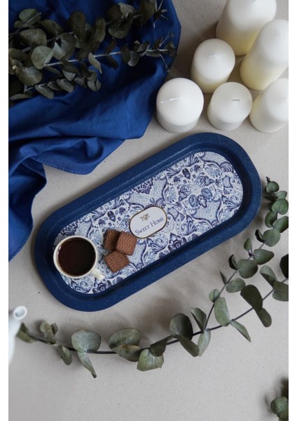 Mavi Sweet Home Desenli Oval Tepsi 16X35 Cm, Şık ve Kullanışlı Ev Dekorasyonu.