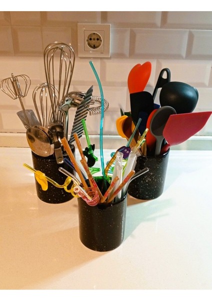 Şık Siyah Seramik Tezgah Üstü Kaşıklık ve Kavanoz Seti