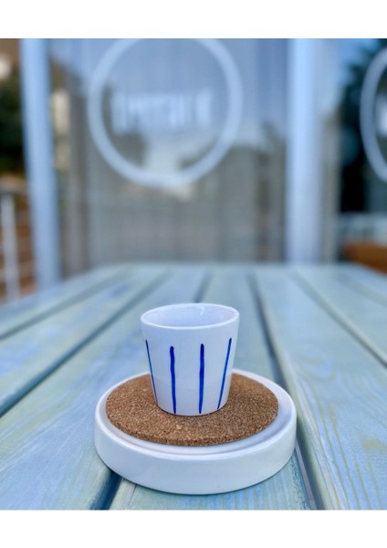 El Yapımı Seramik Yaz Serisi Mavi Çizgili Shot Espresso Fincanı Mug