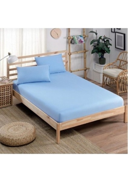 Pamuklu Ranforce Çift Kişilik Çarşaf Takımı, 240X260, Lastiksiz, Açık Mavi