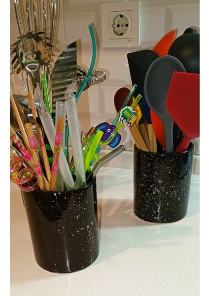 Şık Siyah Seramik Tezgah Üstü Kaşıklık ve Kavanoz Seti modelleri