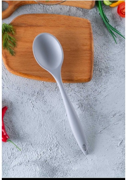 Gri 28CM Sert Uçlu Isıya Dayanıklı Yanmaz Silikon Yemek Kaşığı