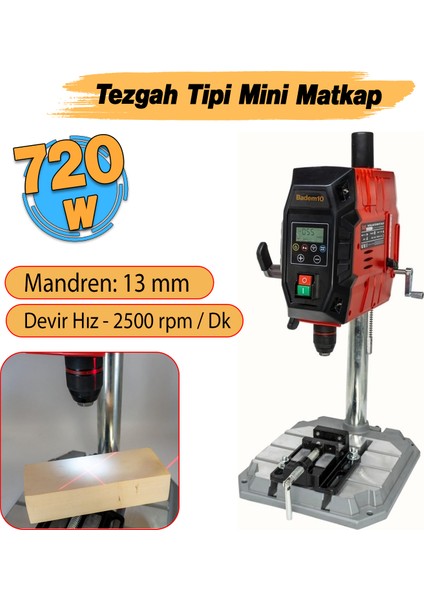 Elektrikli Tezgah Tipi Sütunlu Matkap Mandren 13 mm Dijital Ekran 720 W 2500 Rpm Lazerli Mengeneli