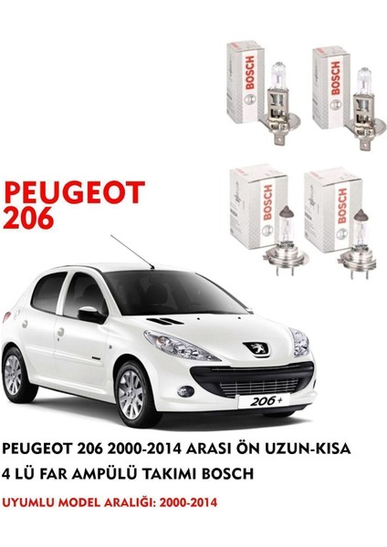Peugeot 206 2007 Model Ön Uzun-Kısa 4 Lü Far Ampülü Takımı