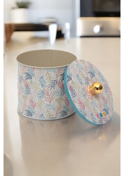 Yuvarlak 14 cm Metal Saklama Kabı, Turkuaz Desenli, Şık ve Kullanışlı