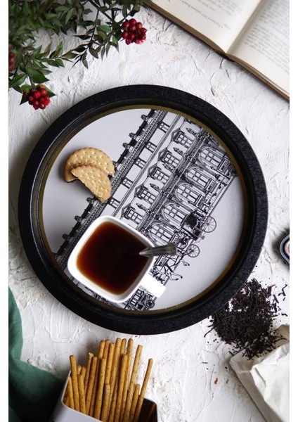 City Desenli Yuvarlak Tepsi, 32 Cm, Kahverengi, Şık ve Kullanışlı Mutfak Ürünü